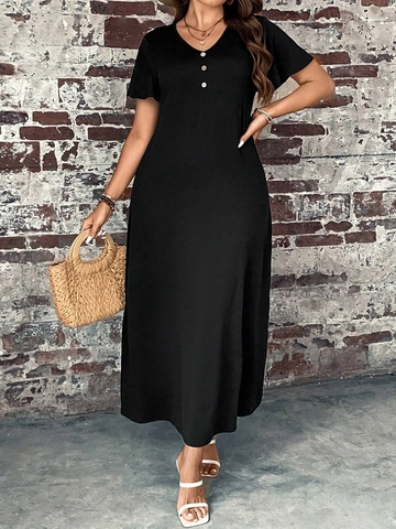 Vestido Largo Maxi Casual de Talla Grande para Mujer Cuello en V Manga Corta Con Botones Color Sólido Vestido Largo Suelto