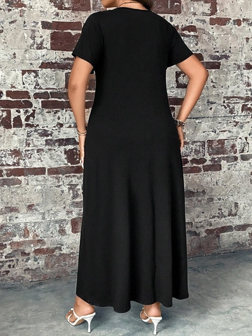 Vestido Largo Maxi Casual de Talla Grande para Mujer Cuello en V Manga Corta Con Botones Color Sólido Vestido Largo Suelto