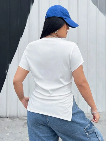 Γυναικείο T-Shirt Μεγάλο Μέγεθος Με Κορδόνι Κοντό Μανίκι Στρογγυλή Λαιμόκοψη Πλεκτό Τοπ Με Πτυχώσεις Ασύμμετρο Στρίφωμα Casual