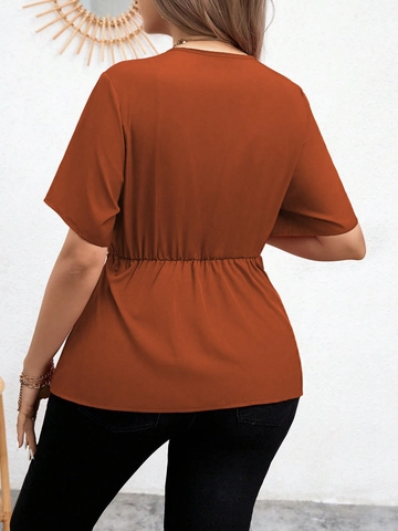 Haut Grande Taille Femme Col en V Manches Courtes Cache-Cœur Orange Brûlé Nœud à la Taille Élégant Été Polyester Blouse