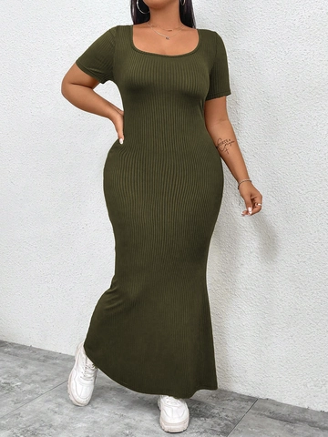 Women Plus Size Backless Ribbed Knit Maxi Dress Sexy U-Neck Short Sleeve Bodycon Solid Army Green Summer Long Dress