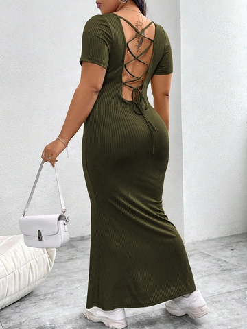 Women Plus Size Backless Ribbed Knit Maxi Dress Sexy U-Neck Short Sleeve Bodycon Solid Army Green Summer Long Dress