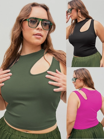 Canotta da Donna Taglie Forti in Maglia a Costine Tinta Unita Con Cut-out Spalla Senza Maniche Casual Slim Fit Sexy Top