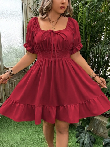 Women's Plus Size Wine Red Mini Dress Square Neck Puff Sleeve Smocked Waist Ruffle Hem A-Line Casual Summer Vacation Dress