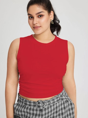 Canotta Donna Taglie Forti Rossa Senza Maniche Girocollo Increspata Slim Fit Misto Viscosa Casual Estate Canotta Top