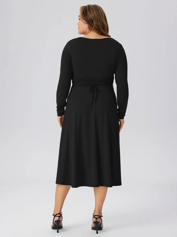 Women's Plus Size Square Neck Midi Dress Elegant High Waist A-Line Long Sleeve Knitted Dress Casual Solid Black Dress