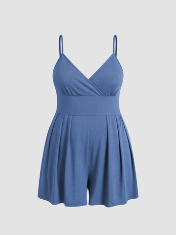 Plus Size Women Sleeveless Ribbed Romper V-Neck Cross Front Elastic Waist Summer Casual Vacation Sexy Jumpsuit Short Playsuit Blue