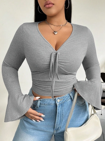 Women's Plus Size V Neck Long Sleeve T-Shirt Sexy Slim Fit Drawstring Ruched Flare Sleeve Short Knit Top Grey