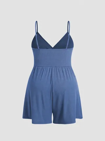 Plus Size Women Sleeveless Ribbed Romper V-Neck Cross Front Elastic Waist Summer Casual Vacation Sexy Jumpsuit Short Playsuit Blue