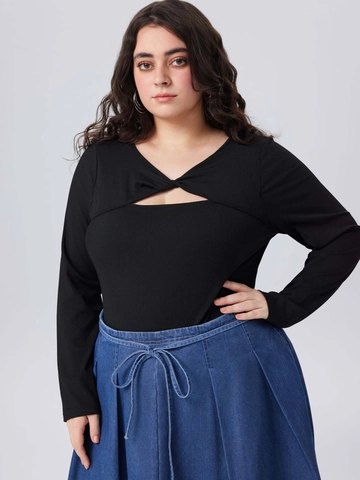 Women Plus Size Black Ribbed Long Sleeve Bodysuit Twist Cutout Front Slim Fit Casual Stretch One Piece Leotard Top