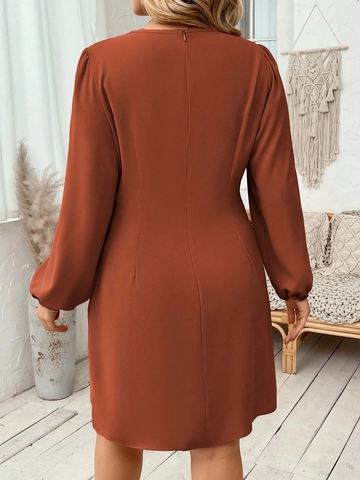 Women Plus Size V-Neck Ruched Wrap Dress Long Lantern Sleeve Elegant A-Line Short Dress Solid Color Caramel Rust Red