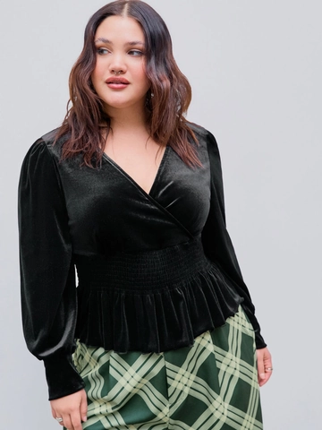 Damen Plus Size V-Ausschnitt Samt Top Elegant Gezogene Taille Schößchensaum Langarm Laternenärmel Slim Fit Bluse