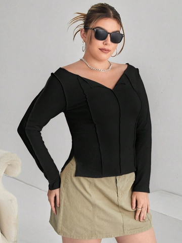 Maglietta Donna Taglie Forti Scollo a V Maniche Lunghe Slim Fit Cuciture a Vista Maglia Tinta Unita Streetwear Casual