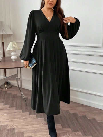 Women Plus Size Deep V-Neck High Waist Maxi Dress Elegant Long Puff Sleeve Pleated Hem Solid Color Party Evening Long Dress
