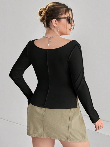 Maglietta Donna Taglie Forti Scollo a V Maniche Lunghe Slim Fit Cuciture a Vista Maglia Tinta Unita Streetwear Casual
