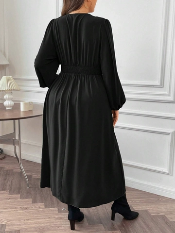 Women Plus Size Deep V-Neck High Waist Maxi Dress Elegant Long Puff Sleeve Pleated Hem Solid Color Party Evening Long Dress
