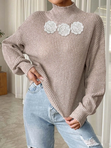 Women Mock Neck Pullover Sweater Long Sleeve 3D Crochet Flower Applique Chunky Knit Warm Jumper Oatmeal Apricot Top