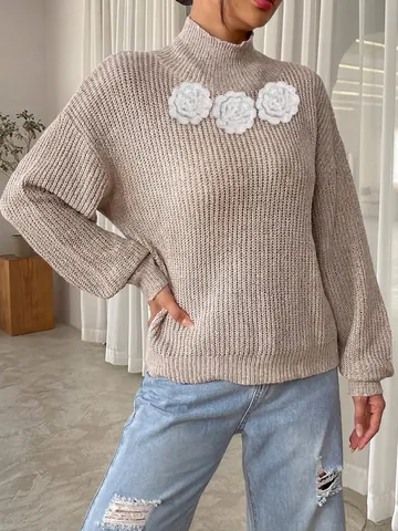 Women Mock Neck Pullover Sweater Long Sleeve 3D Crochet Flower Applique Chunky Knit Warm Jumper Oatmeal Apricot Top