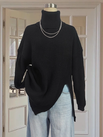 Women Casual Turtleneck Long Sleeve Pullover Sweater Solid Color Loose Split Hem Knitwear Winter Fashion Apparel