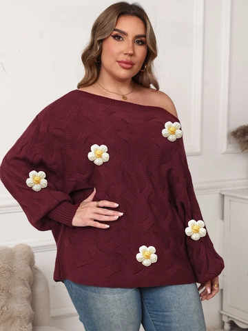 Grote Maten Dames Off-shoulder Acryl Gebreide Trui Wijnrood 3D Madeliefje Bloem Decoratie Losse Vleermuismouw Casual Pullover
