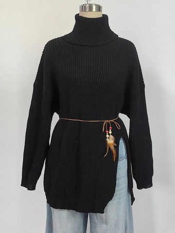 Women Casual Turtleneck Long Sleeve Pullover Sweater Solid Color Loose Split Hem Knitwear Winter Fashion Apparel