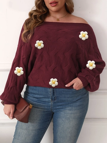 Suéter de Punto de Talla Grande para Mujer Hombros Descubiertos Flores de Crochet 3D Manga de Murciélago Top Casual