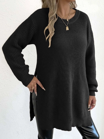 Maglione da Donna Girocollo Manica Lunga con Spacco Allentato Tinta Unita Lavorato a Maglia a Coste Pullover Casual