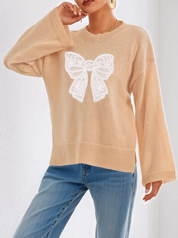 Pull en Tricot Décontracté pour Femmes Col Rond Haut Pullover Ample Avec Grand Patchwork de Nœud en Dentelle Manches Longues