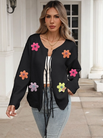 Women Long Sleeve Loose Knit Cardigan Top with 3D Crochet Flower Applique Tie-Front Bow Sweater Outerwear