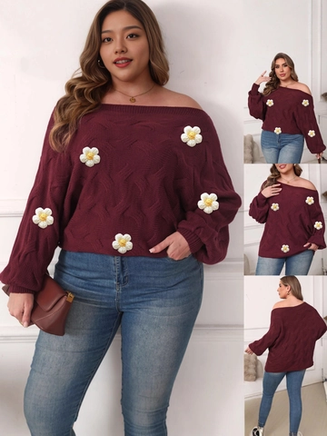 Grote Maten Dames Off-shoulder Acryl Gebreide Trui Wijnrood 3D Madeliefje Bloem Decoratie Losse Vleermuismouw Casual Pullover