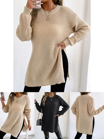 Maglione da Donna Girocollo Manica Lunga con Spacco Allentato Tinta Unita Lavorato a Maglia a Coste Pullover Casual