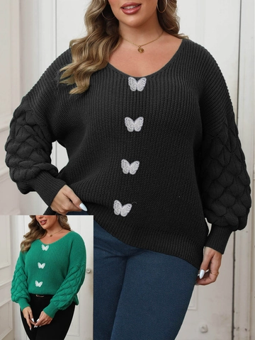 Pull en Maille Femme Grande Taille Broderie Papillon Col en V Manches Lanterne Pullover Ample Tricoté Hiver Haut
