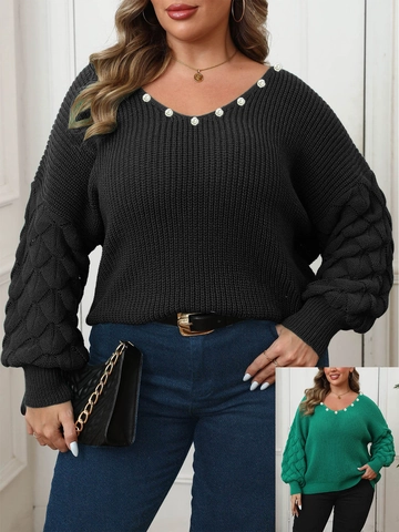 Damen Plus Size V-Ausschnitt Strickpullover Mit Künstliche Perlen Bestickt Ananas Laternenärmel Pullover Herbst Winter Casual Einfarbiger Jumper