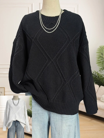 Women's Casual Loose Argyle Pattern Knit Sweater Thick Round Neck Long Sleeve Pullover Tops For Daily Wear