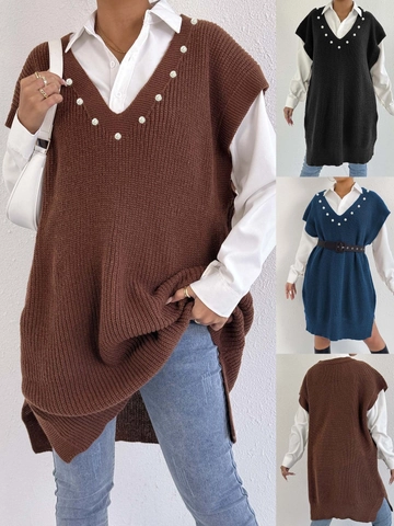 Women's Oversized V-Neck Knit Vest Dress With Artificial Pearl Decoration Sleeveless Side Slit Long Sweater Dress Casual Streetwear