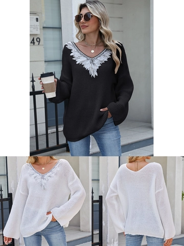 Suéter de Mujer con Cuello en V Manga Larga Lentejuelas Bordado de Encaje Pullover de Punto Casual Streetwear Color Sólido