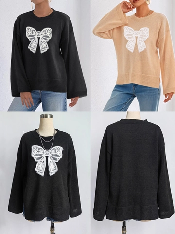 Pull en Tricot Décontracté pour Femmes Col Rond Haut Pullover Ample Avec Grand Patchwork de Nœud en Dentelle Manches Longues