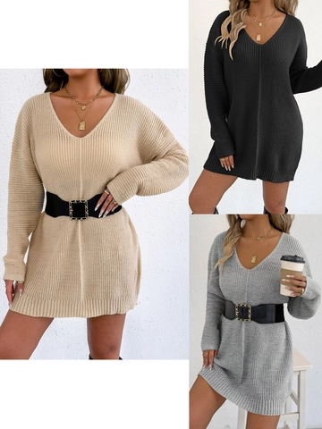 Dames Diepe V-hals Gebreide Trui Jurk Lange Mouw Oversized Ribgebreide Mini Jurk Effen Kleur Herfst Winter Casual