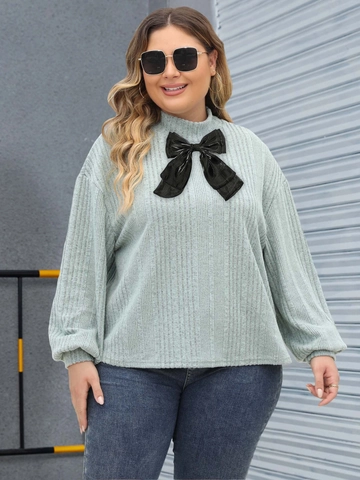 T-Shirt Grande Taille Femme Col Montant Manches Longues Tricot Côtelé Avec Nœud Papillon Décoratif Patchwork Casual Mode Pull