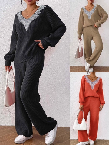 Women V-Neck Knit Top And Bottom Polyester Ribbed Long Sleeve Sweater And Wide Leg Straight Pants Casual Streetwear Outfit