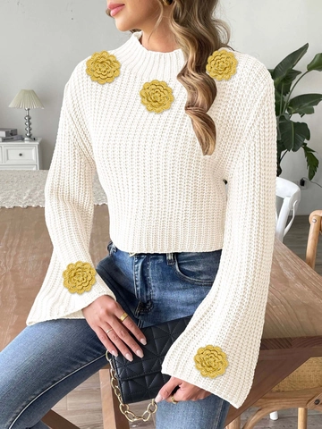 Women Cropped Knit Sweater 3D Hand-Hooked Yellow Floral Patchwork Flare Sleeve Mock Neck Acrylic Pullover Sweater Top