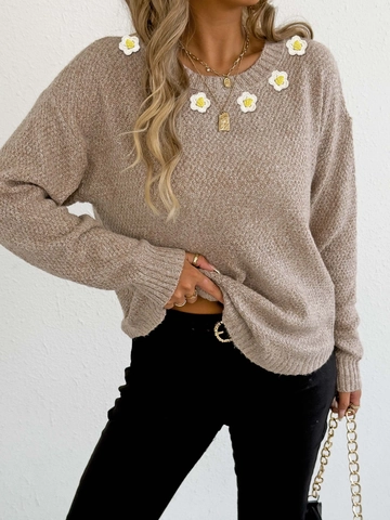 Dames Handgehaakte Bloemen Ronde Hals Trui Gebreide Pullover Casual Lange Mouw Patchwork Knit Top Herfst Winter Streetwear