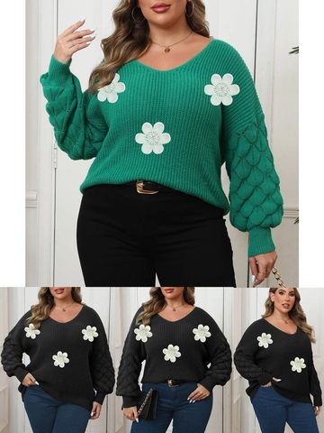Maglione Donna Taglie Forti Scollo a V 3D Fiori Patchwork Texture Maniche a Lanterna Elegante Maglia Casual Top Largo