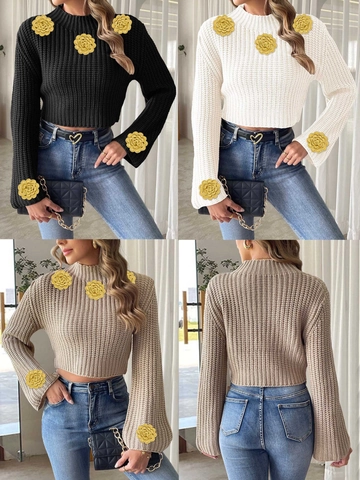Maglione Donna con Fiori all'Uncinetto e Maniche a Campana Mock Neck Patchwork Slim Fit Corto Pullover Streetwear
