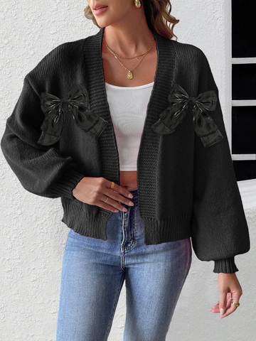 Women Bow-Knot Lantern Sleeve Cardigan Open Front Knit Sweater Jacket Casual Loose Patchwork Outwear Streetwear Top