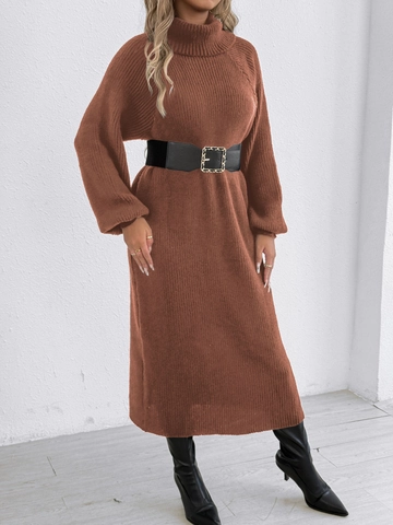 Women Turtleneck Lantern Sleeve Knitted Maxi Dress Loose Ribbed Solid Color Autumn Winter Sweater Long Dress Without Belt