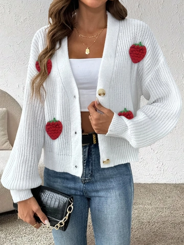 Cárdigan de Punto Informal para Mujer con Cuello en V y Parche de Fresa en 3D Manga Linterna Botones Ropa de Calle Dulce Top