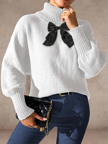 Damen Stehkragen Langarm Strickpullover Mit Großer Schwarzer Schleife Patchwork Pullover Herbst Winter Casual Jumper Top