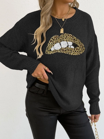 Maglione da Donna Casual con Labbra Leopardate e Paillettes Girocollo Manica Lunga Patchwork Poliestere Streetwear Invernale