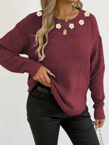 Suéter de Punto Casual para Mujer Cuello Redondo Manga Larga Patchwork de Margaritas de Ganchillo Top de Otoño Invierno